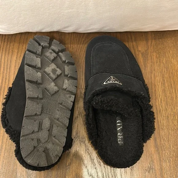 Prada Black Shearling Slippers